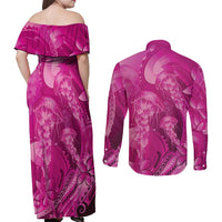Pink Gradient Polynesia Jellyfish Couples Matching Off Shoulder Maxi Dress and Long Sleeve Button Shirt Plumeria Polynesian Tattoo Glowing Vibes