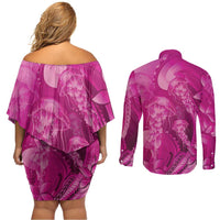Pink Gradient Polynesia Jellyfish Couples Matching Off Shoulder Short Dress and Long Sleeve Button Shirt Plumeria Polynesian Tattoo Glowing Vibes