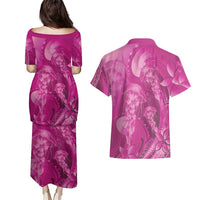 Pink Gradient Polynesia Jellyfish Couples Matching Puletasi and Hawaiian Shirt Plumeria Polynesian Tattoo Glowing Vibes