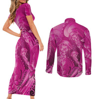 Pink Gradient Polynesia Jellyfish Couples Matching Short Sleeve Bodycon Dress and Long Sleeve Button Shirt Plumeria Polynesian Tattoo Glowing Vibes