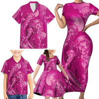 Pink Gradient Polynesia Jellyfish Family Matching Short Sleeve Bodycon Dress and Hawaiian Shirt Plumeria Polynesian Tattoo Glowing Vibes