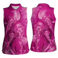 Pink Gradient Polynesia Jellyfish Women Sleeveless Polo Shirt Plumeria Polynesian Tattoo Glowing Vibes