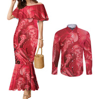 Red Gradient Polynesia Jellyfish Couples Matching Mermaid Dress and Long Sleeve Button Shirt Plumeria Polynesian Tattoo Glowing Vibes
