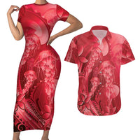 Red Gradient Polynesia Jellyfish Couples Matching Short Sleeve Bodycon Dress and Hawaiian Shirt Plumeria Polynesian Tattoo Glowing Vibes