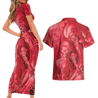 Red Gradient Polynesia Jellyfish Couples Matching Short Sleeve Bodycon Dress and Hawaiian Shirt Plumeria Polynesian Tattoo Glowing Vibes
