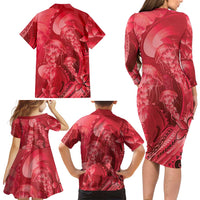 Red Gradient Polynesia Jellyfish Family Matching Long Sleeve Bodycon Dress and Hawaiian Shirt Plumeria Polynesian Tattoo Glowing Vibes