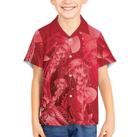 Red Gradient Polynesia Jellyfish Family Matching Long Sleeve Bodycon Dress and Hawaiian Shirt Plumeria Polynesian Tattoo Glowing Vibes