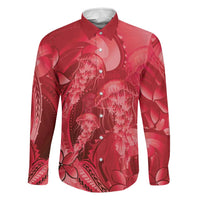 Red Gradient Polynesia Jellyfish Family Matching Off Shoulder Short Dress and Hawaiian Shirt Plumeria Polynesian Tattoo Glowing Vibes
