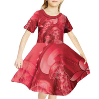 Red Gradient Polynesia Jellyfish Kid Short Sleeve Dress Plumeria Polynesian Tattoo Glowing Vibes LT14 - Polynesian Pride