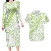 Polynesian Tiare Flower Sage Green Pastel Couples Matching Long Sleeve Bodycon Dress and Hawaiian Shirt