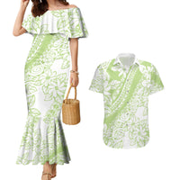Polynesian Tiare Flower Sage Green Pastel Couples Matching Mermaid Dress and Hawaiian Shirt