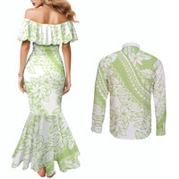 Polynesian Tiare Flower Sage Green Pastel Couples Matching Mermaid Dress and Long Sleeve Button Shirt
