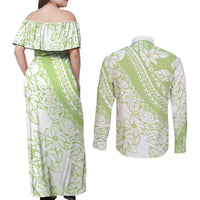 Polynesian Tiare Flower Sage Green Pastel Couples Matching Off Shoulder Maxi Dress and Long Sleeve Button Shirt