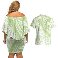 Polynesian Tiare Flower Sage Green Pastel Couples Matching Off Shoulder Short Dress and Hawaiian Shirt