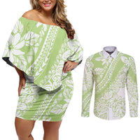 Polynesian Tiare Flower Sage Green Pastel Couples Matching Off Shoulder Short Dress and Long Sleeve Button Shirt