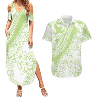 Polynesian Tiare Flower Sage Green Pastel Couples Matching Summer Maxi Dress and Hawaiian Shirt
