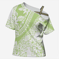 Polynesian Tiare Flower Sage Green Pastel Cross Shoulder Shirt