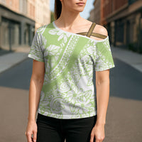 Polynesian Tiare Flower Sage Green Pastel Cross Shoulder Shirt