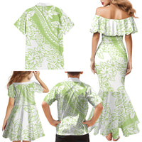 Polynesian Tiare Flower Sage Green Pastel Family Matching Mermaid Dress and Hawaiian Shirt
