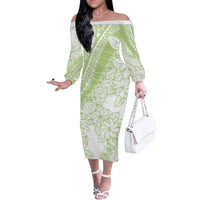 Polynesian Tiare Flower Sage Green Pastel Family Matching Off The Shoulder Long Sleeve Dress and Hawaiian Shirt