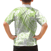 Polynesian Tiare Flower Sage Green Pastel Family Matching Short Sleeve Bodycon Dress and Hawaiian Shirt