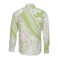 Polynesian Tiare Flower Sage Green Pastel Long Sleeve Button Shirt
