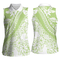 Polynesian Tiare Flower Sage Green Pastel Women Sleeveless Polo Shirt