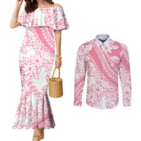 Polynesian Tiare Flower Pink Pastel Vibes Couples Matching Mermaid Dress and Long Sleeve Button Shirt