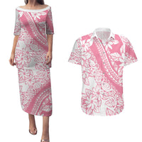 Polynesian Tiare Flower Pink Pastel Vibes Couples Matching Puletasi and Hawaiian Shirt