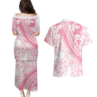 Polynesian Tiare Flower Pink Pastel Vibes Couples Matching Puletasi and Hawaiian Shirt
