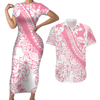 Polynesian Tiare Flower Pink Pastel Vibes Couples Matching Short Sleeve Bodycon Dress and Hawaiian Shirt
