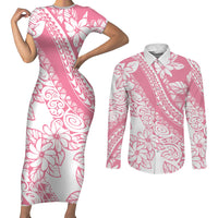 Polynesian Tiare Flower Pink Pastel Vibes Couples Matching Short Sleeve Bodycon Dress and Long Sleeve Button Shirt