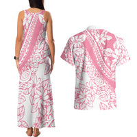 Polynesian Tiare Flower Pink Pastel Vibes Couples Matching Tank Maxi Dress and Hawaiian Shirt