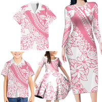 Polynesian Tiare Flower Pink Pastel Vibes Family Matching Long Sleeve Bodycon Dress and Hawaiian Shirt