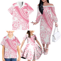 Polynesian Tiare Flower Pink Pastel Vibes Family Matching Off The Shoulder Long Sleeve Dress and Hawaiian Shirt