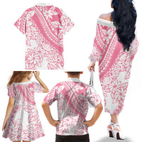 Polynesian Tiare Flower Pink Pastel Vibes Family Matching Off The Shoulder Long Sleeve Dress and Hawaiian Shirt