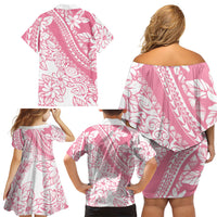 Polynesian Tiare Flower Pink Pastel Vibes Family Matching Off Shoulder Short Dress and Hawaiian Shirt