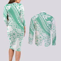 Polynesian Tiare Flower Cyan Pastel Vibes Couples Matching Long Sleeve Bodycon Dress and Long Sleeve Button Shirt