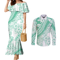 Polynesian Tiare Flower Cyan Pastel Vibes Couples Matching Mermaid Dress and Long Sleeve Button Shirt