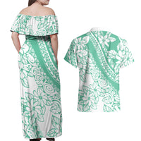 Polynesian Tiare Flower Cyan Pastel Vibes Couples Matching Off Shoulder Maxi Dress and Hawaiian Shirt