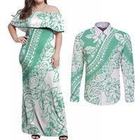 Polynesian Tiare Flower Cyan Pastel Vibes Couples Matching Off Shoulder Maxi Dress and Long Sleeve Button Shirt LT14 Cyan - Polynesian Pride