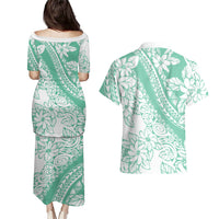 Polynesian Tiare Flower Cyan Pastel Vibes Couples Matching Puletasi and Hawaiian Shirt LT14 - Polynesian Pride