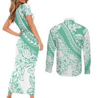 Polynesian Tiare Flower Cyan Pastel Vibes Couples Matching Short Sleeve Bodycon Dress and Long Sleeve Button Shirt