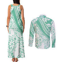 Polynesian Tiare Flower Cyan Pastel Vibes Couples Matching Tank Maxi Dress and Long Sleeve Button Shirt