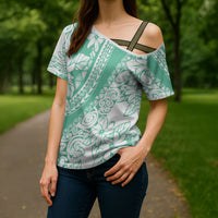 Polynesian Tiare Flower Cyan Pastel Vibes Cross Shoulder Shirt