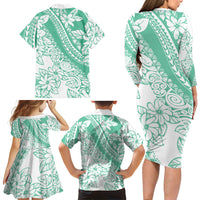 Polynesian Tiare Flower Cyan Pastel Vibes Family Matching Long Sleeve Bodycon Dress and Hawaiian Shirt