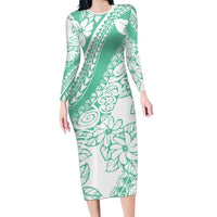 Polynesian Tiare Flower Cyan Pastel Vibes Family Matching Long Sleeve Bodycon Dress and Hawaiian Shirt