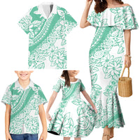 Polynesian Tiare Flower Cyan Pastel Vibes Family Matching Mermaid Dress and Hawaiian Shirt