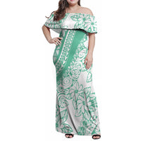 Polynesian Tiare Flower Cyan Pastel Vibes Family Matching Off Shoulder Maxi Dress and Hawaiian Shirt