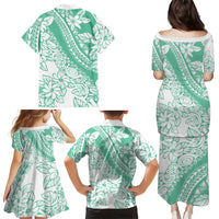 Polynesian Tiare Flower Cyan Pastel Vibes Family Matching Puletasi and Hawaiian Shirt